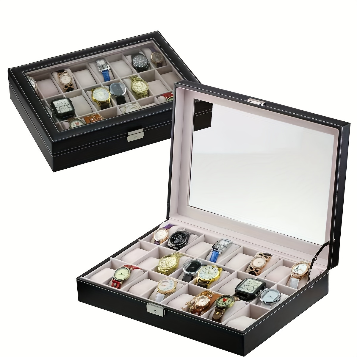 luxury   leather watch storage box with 24 slots large capacity black rectangular   lined interior secure closure for watches and bracelets watch storage case elegant watch box soft lined interior watch accessories 0