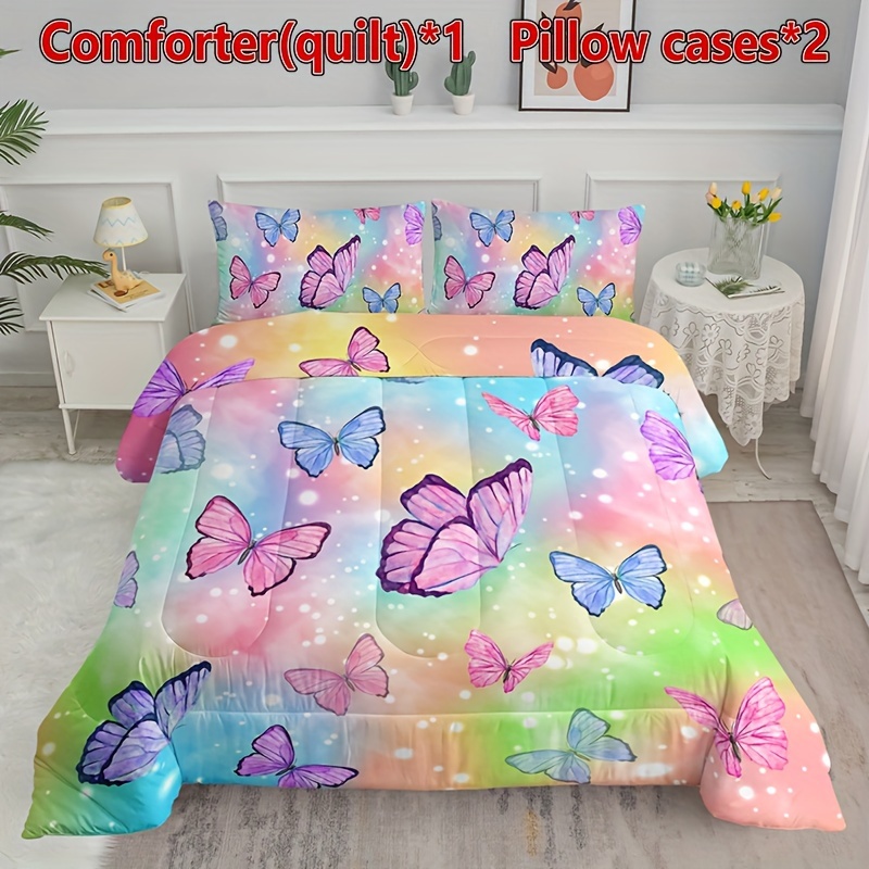 

3pcs Modern Fashion Polyester Comforter Set (1*comforter + 2*pillowcase, Without Core), Watercolor Butterfly Print Bedding Set, Soft Comfortable And Skin-friendly Comforter For Bedroom, Guest Room