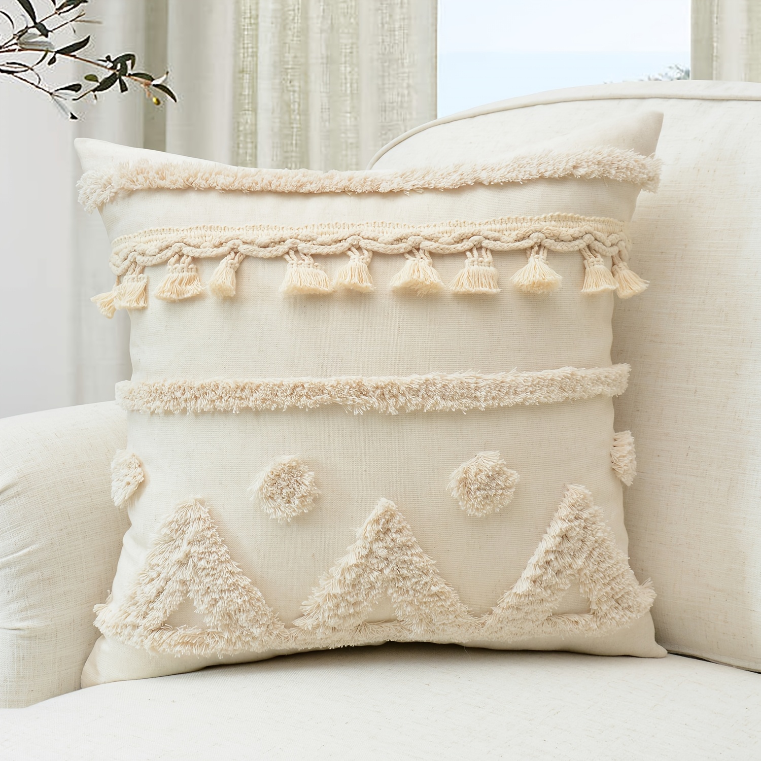 1pc of Pillowcase Made from Natural Linen, Featuring Geometric Tassel Trimming And Single-Sided Tufted Embroidery, Ideal for Decorating Sofas, Living Rooms, And Bedrooms, Does Not Include Pillow Insert