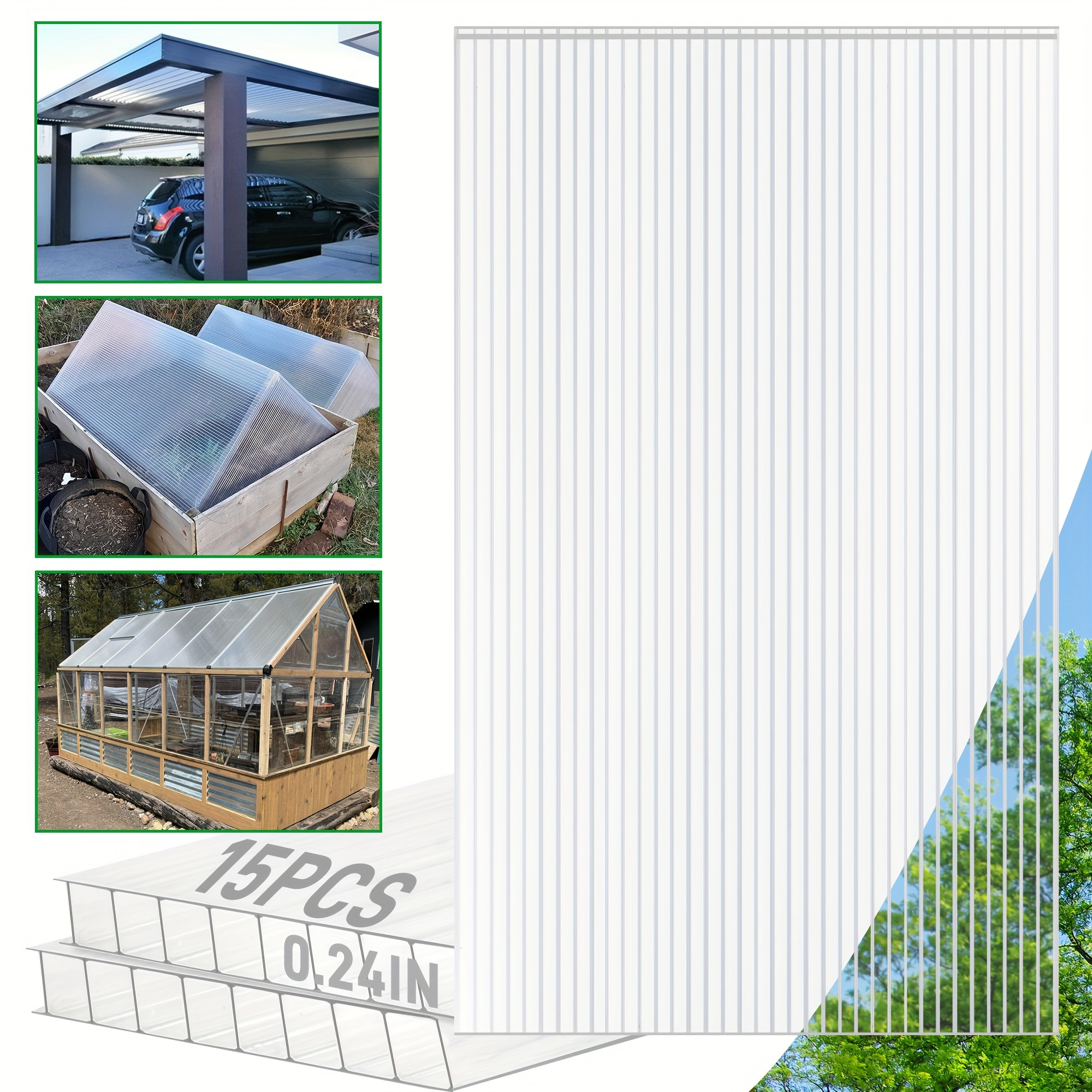 

15pcs Polycarbonate Greenhouse Panels, 4ft X 2ft X 0.24in Double Wall Polycarbonate Panels, Greenhouse Replacement Panels, All Weather Transparent Roof Panels