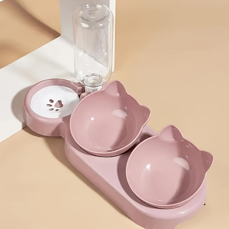 Image of Automatic Pet Bowl With Feeder, 3-in-1 Ear Design Tilted Cat Water And Food Bowl, Gravity Water Bottle For Neck Protection, Without Battery