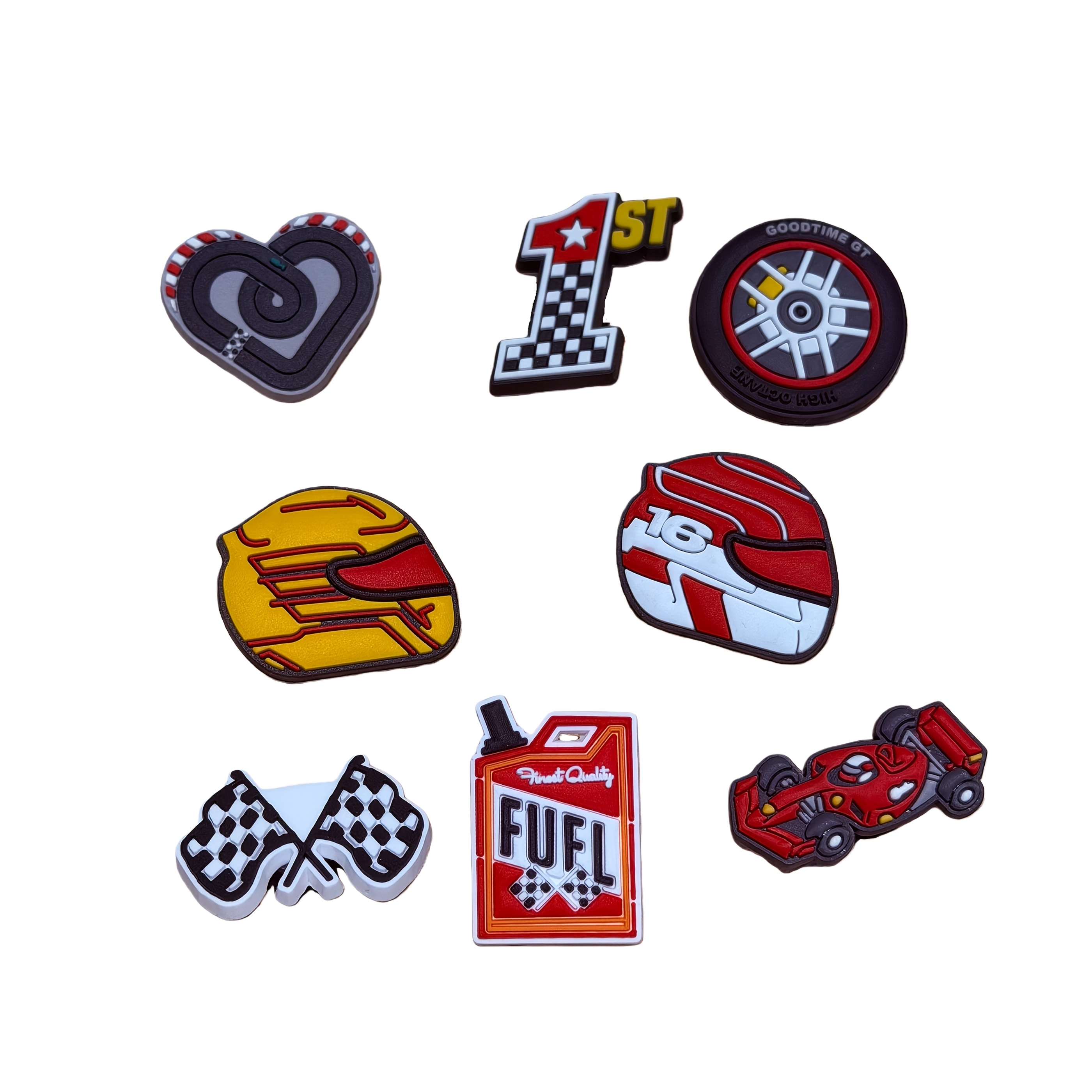 TEMU 8pcspcs (8pcs Suitable For) Race Car Shoe Charms - Pvc Racing Decals With Helmets, Flags & Fuel Caps For Sandals, Sneakers, - Shoe Accessories