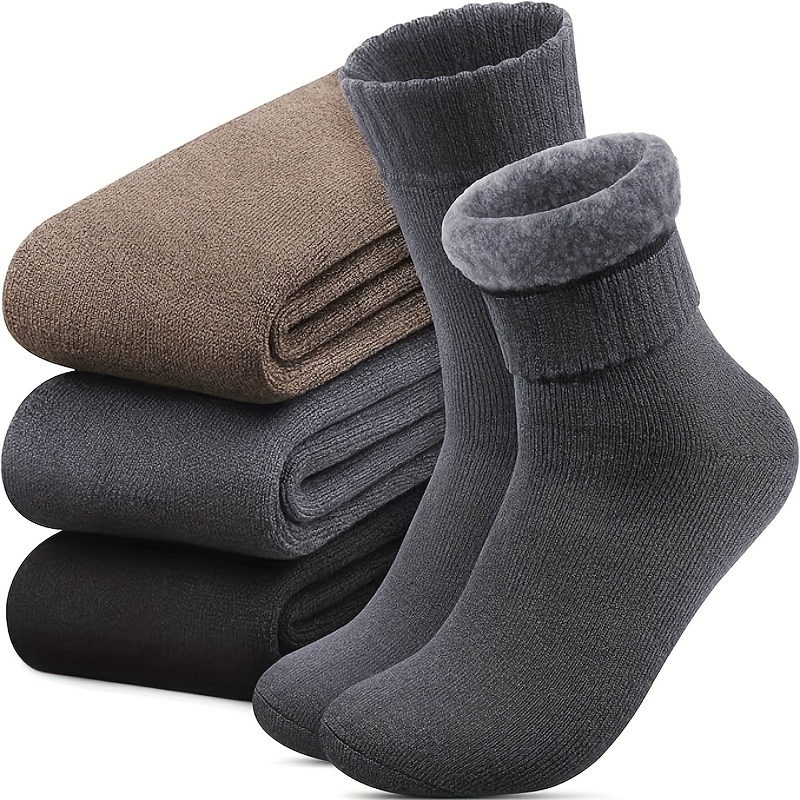 Image of 3 Pairs Men's Winter Thermal Socks - Thick Plush Bhiking Socks With Reinforced Toe & Heel, Soft Durable Cold Weather Socks, For Outdoor Activities, Winter Socks, Cold Weather Gear, Plush Texture
