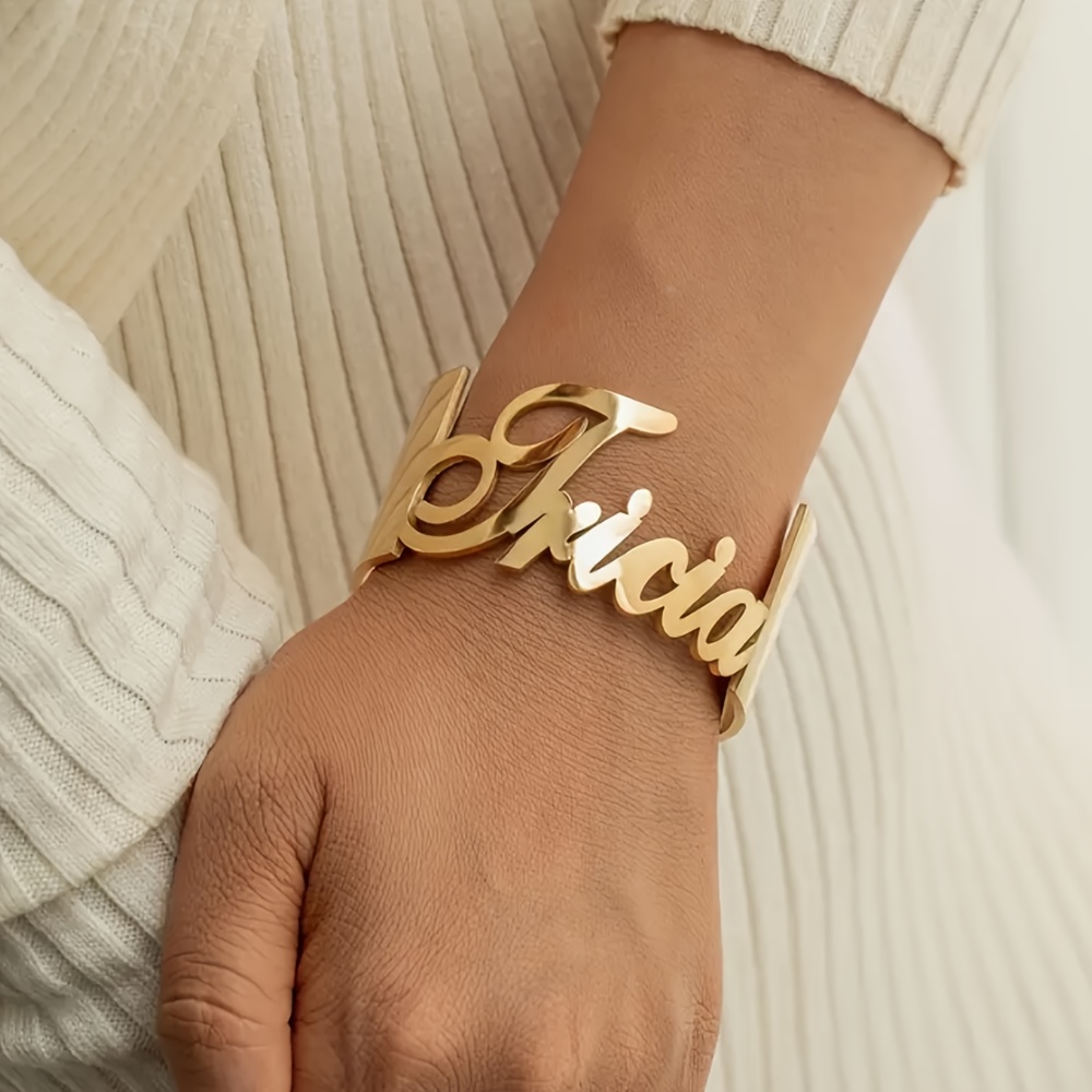 

Custom Stainless Steel Name Bracelet - Personalized Golden-tone Bangle For Women, Elegant Urban Style With "" Engraving, & Party Wear, Bangle Bracelet