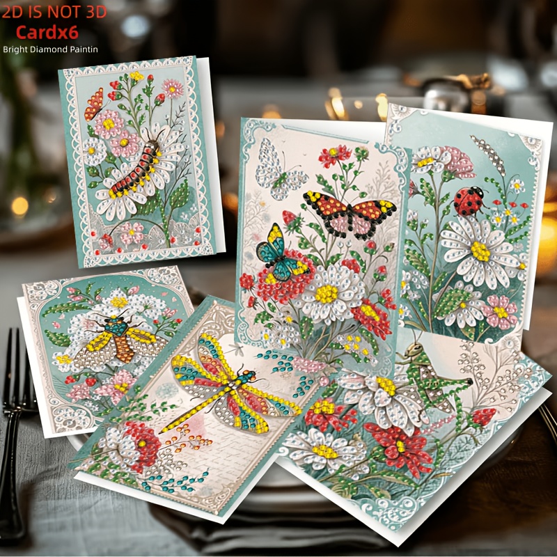 TEMU 6 cartes de vœux de peinture diamant 2D plates, nouveau thème floral papillon dragonfly, diamant scintillantes faites à avec enveloppe, adaptées