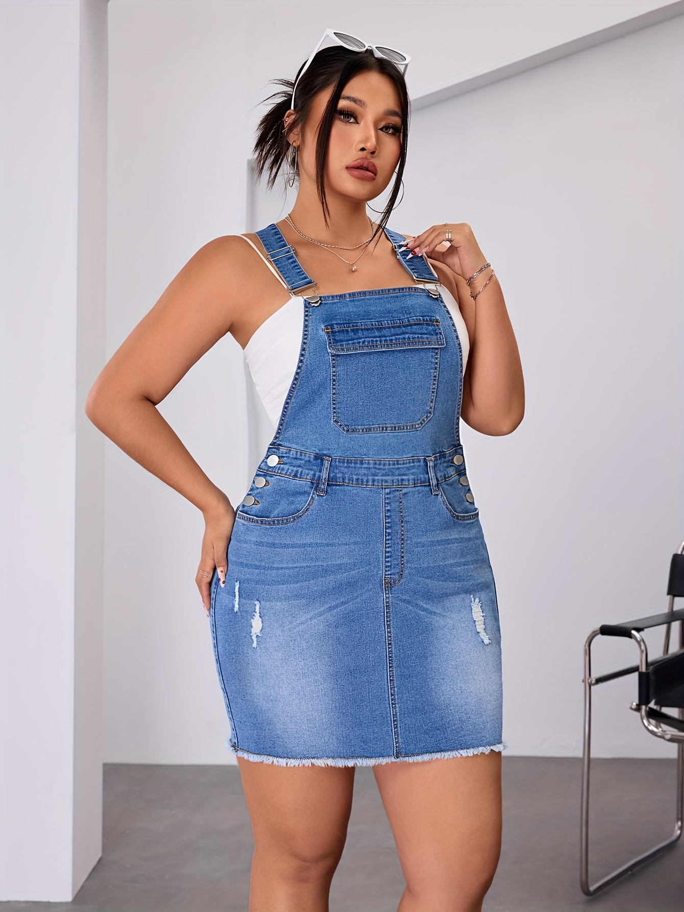 womens plus size distressed washed denim strap dress - Temu Nigeria