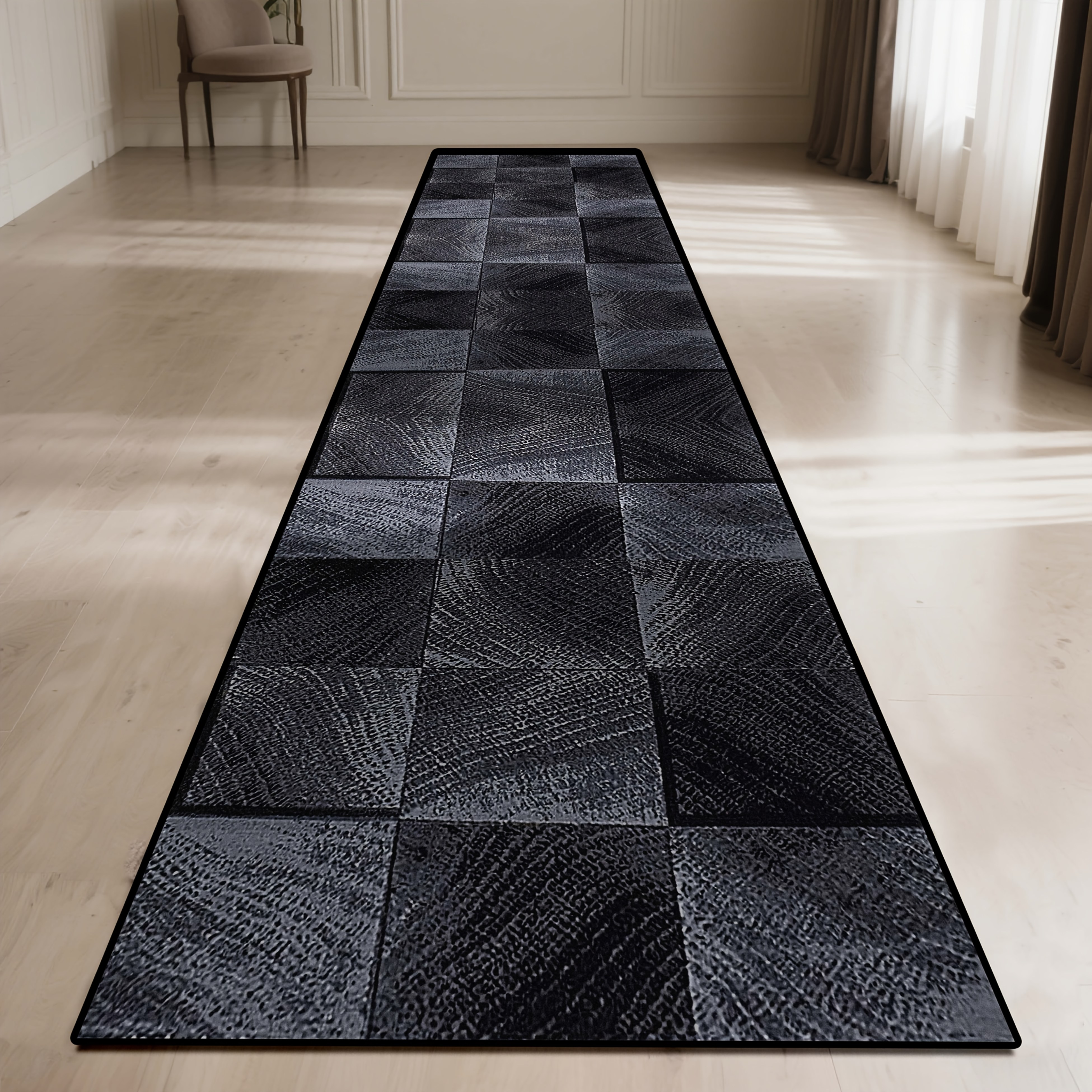 Image of Golden Diamond Velvet Runner Rug, 1pc, Black And Gray Classic Checkered , A High-end Decorative Style Runner Rug For Hotel, Restaurant, And Villa . Easy-to-clean Indoor/outdoor Runner Carpet