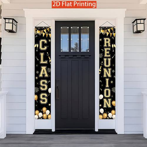 2d flat 2d door banner 2d flat 2d door banner set of 2 flat polyester banners for reunion featuring black and golden colors guests at decorations measure 12x70 8 inches and no electricity
