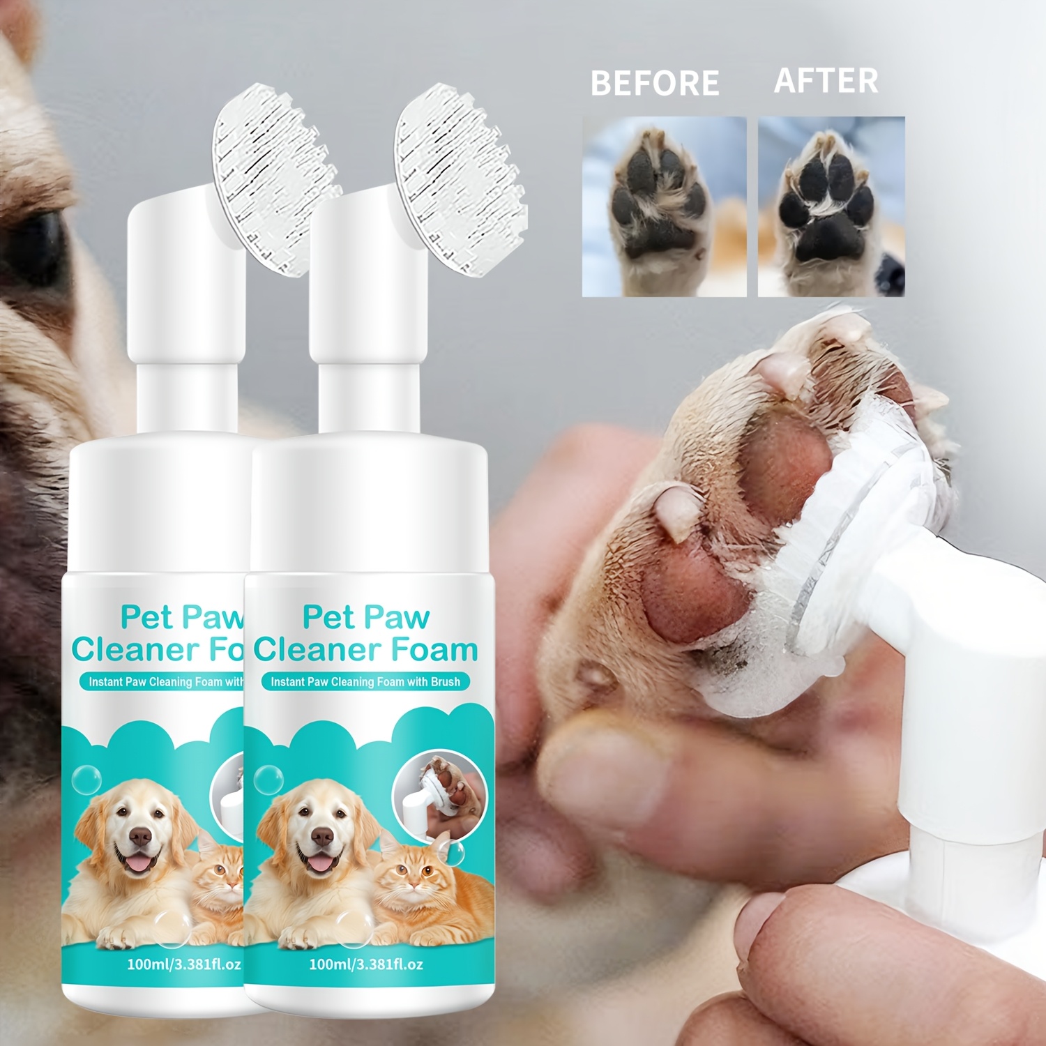 Pet Paw Cleaner Foam with Brush - No Rinse Waterless Paw Wash for Dogs & Cats, Gentle Foaming Cleanser for Dirty Paws, Quick & Easy to Use