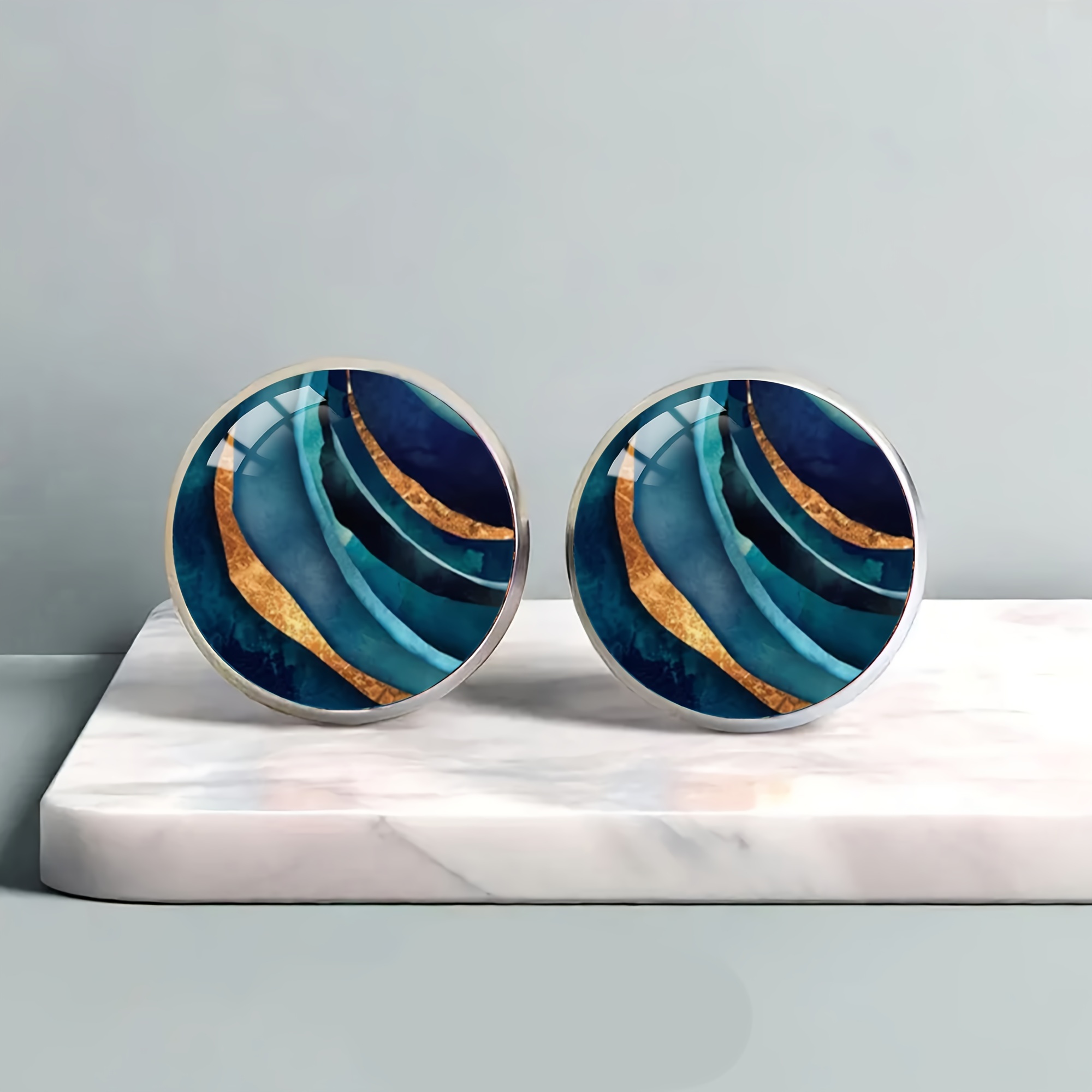 1 Pair Of Blue Patterned Stainless Steel Ear Studs, Elegant And Individual Style Men's And Women' Wear Fashion Jewelry Earrings