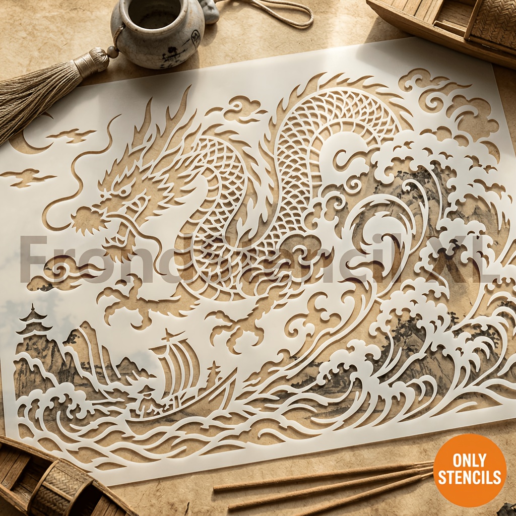 TEMU 1 Large Pet Engraving Board Suitable For Creator Designers & Chinese Calligraphy Art, Ancient Boat & Dragon Landscape Template, Hollow Stencil