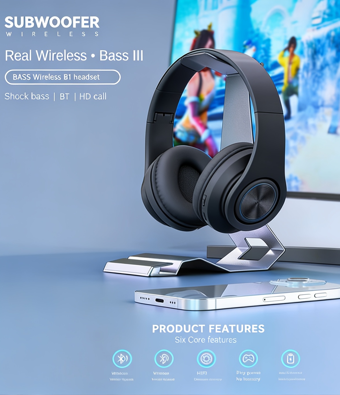 B39 Wireless Headphones, Over-Ear Headset with Microphone, Noise Cancellation, Foldable Lightweight Design, Deep Bass