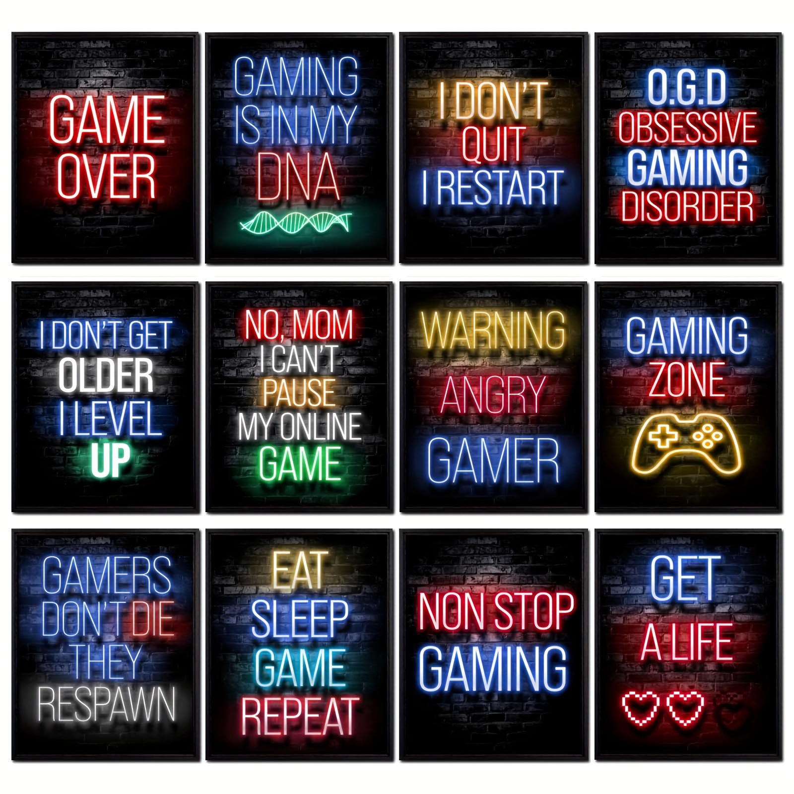 

12-pack Neon Gaming Posters, Art Deco Style Game Theme Wall Decor, Self-adhesive Paper Murals For Teen Boys And Girls Bedroom, Game Room