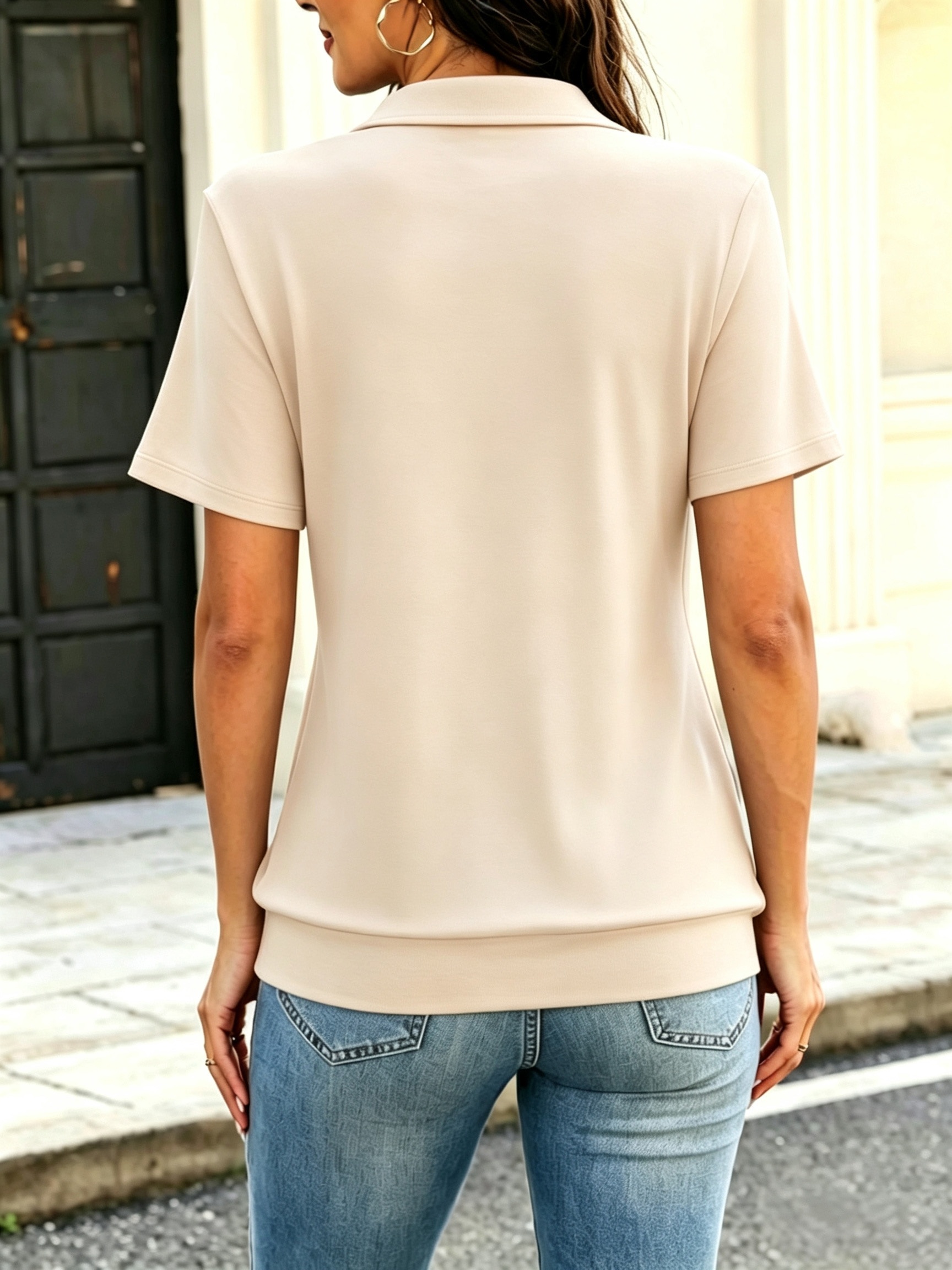 nueva camiseta   de manga corta para mujer  , estilo   y americano, con dobladillo zurcidos, top de camiseta casual de negocios