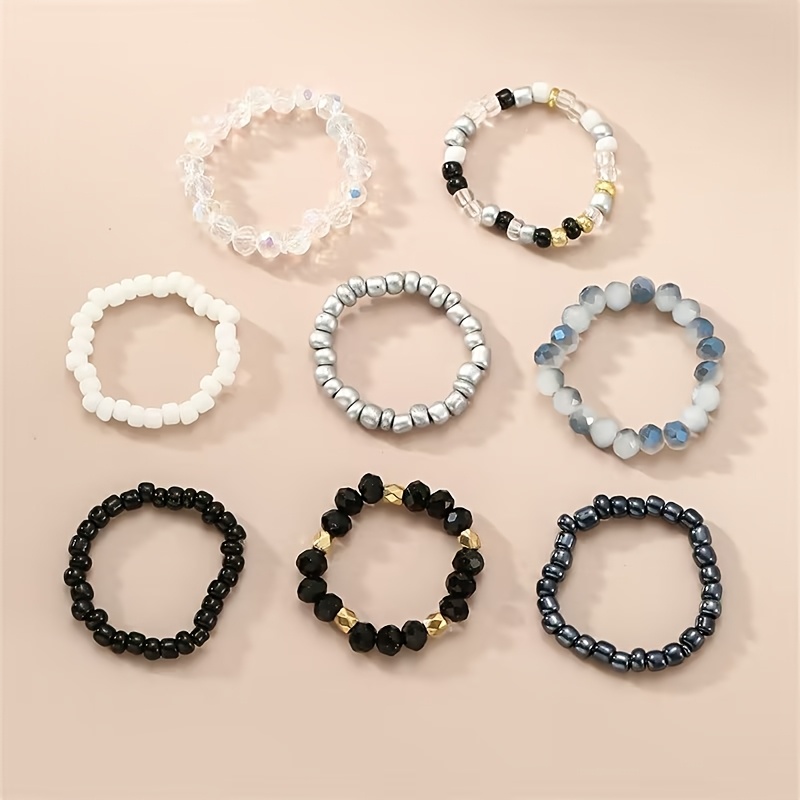 Image of A Set Of 8 Bohemian Sweet And Fashionable Acrylic Beaded Elastic Finger Rings For Women's Festival Birthday Dating Party Vacation Shopping Daily Commuting Additions