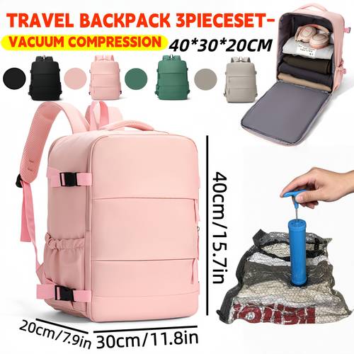photo de l'article ensemble de compression sous vide pour bagages de voyage, sac à pour femmes, format approuvé par les compagnies aériennes 40x30x20cm, sac cabine avec pompe à vide combinée, avec sangle de fixation pour valise à roulettes, convient pour les et sac de rangement pour vêtements décontractés