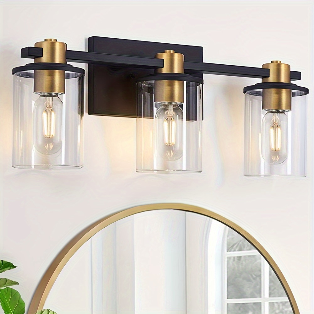 

3 Light Black And Golden Bathroom Vanity Light Fixtures Over Mirror, 4 Light Modern Brass Wall Sconce With Glass Ball Shade, Mid Vanity Lighting