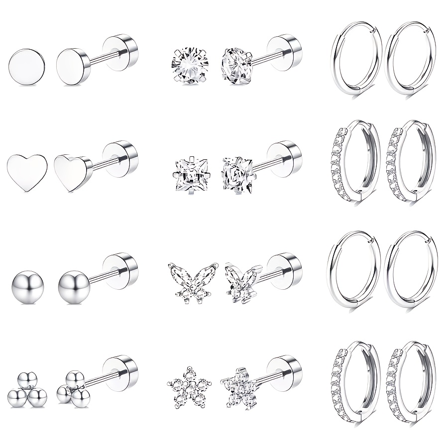 TEMU 2d Flat - 24pcs Tiny Hypoallergenic Stainless Steel Stud Earrings Set, Flat Back Multi-piercing Earrings For Women's Cartilage And Tragus