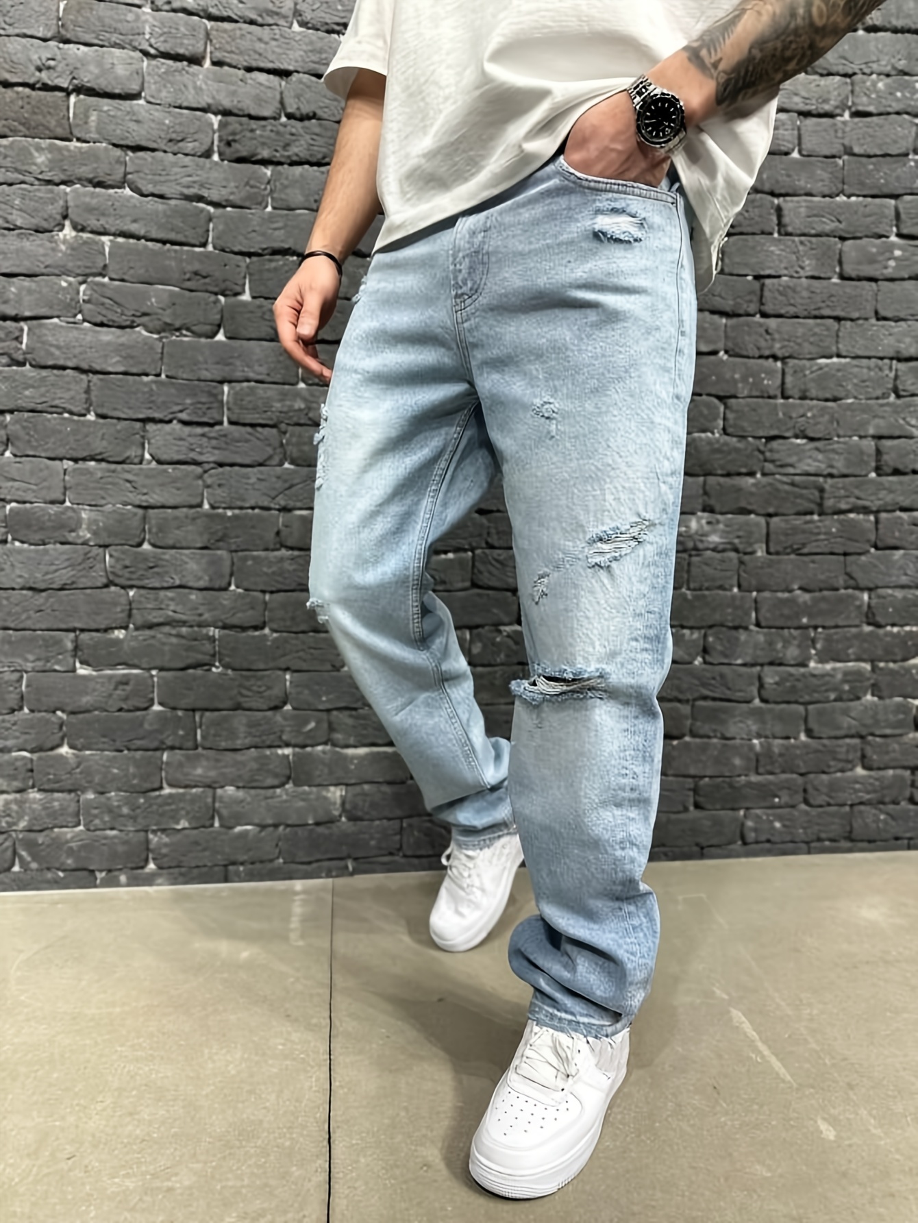 *'S Vintage Washed Straight Leg Light Blue Loose Fit Ripped Jeans  Style, Non-Stretch Denim Distressed Detail Fit, Essential Fashion  Urban