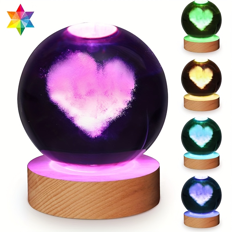 

3d Heart Crystal Ball Night Lamp - With Wood Led Base, Color Changing Usb Tabletop Bedroom Decor Lamp, Suitable For Christmas, Halloween, Thanksgiving, Valentine's Day, Day, And Birthday