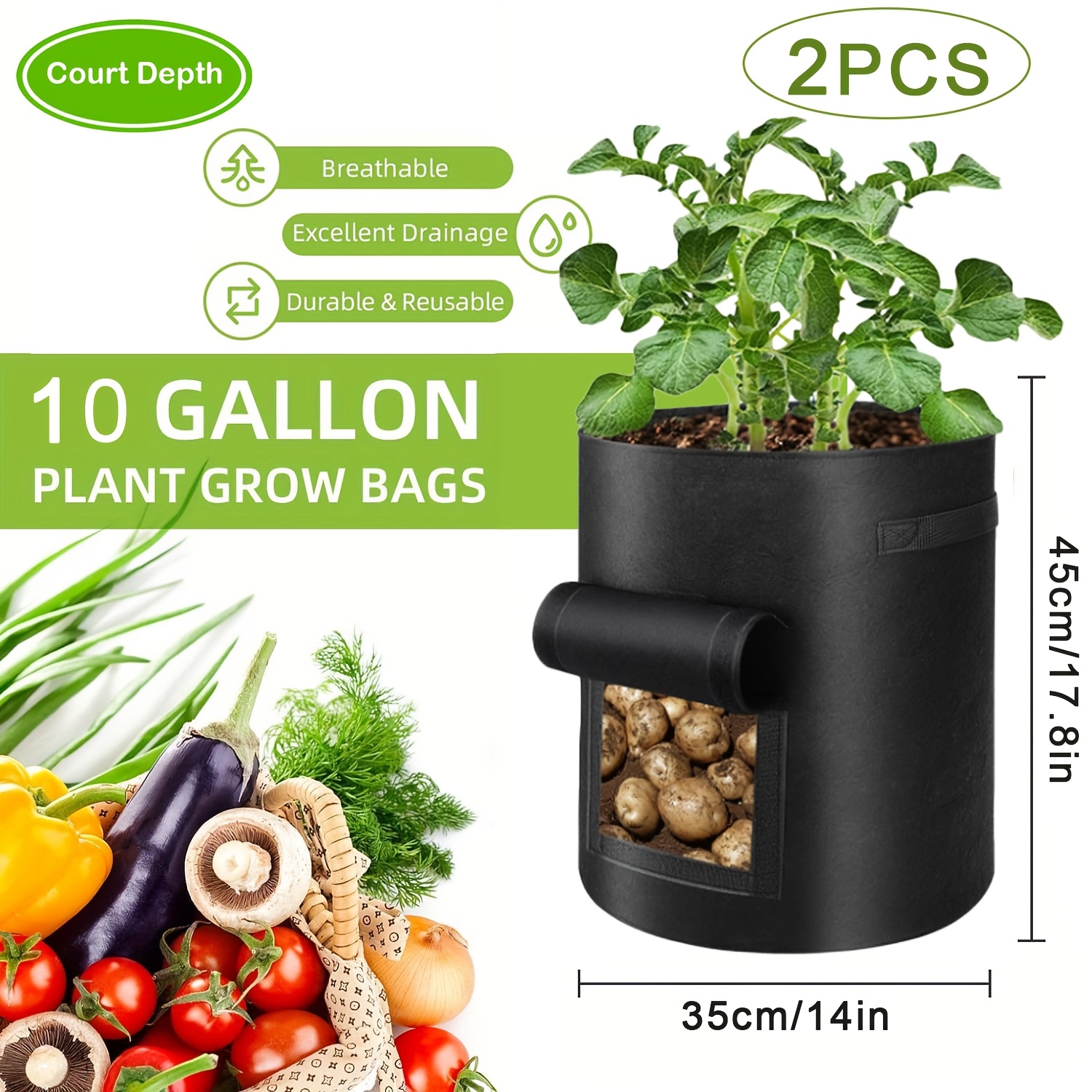 TEMU 5/7/10 Gallon Grow Bags, 2pcs Thick Non-woven Plant Pots With Handles And Harvest Window For Potatoes Tomatoes And Vegetables, Black