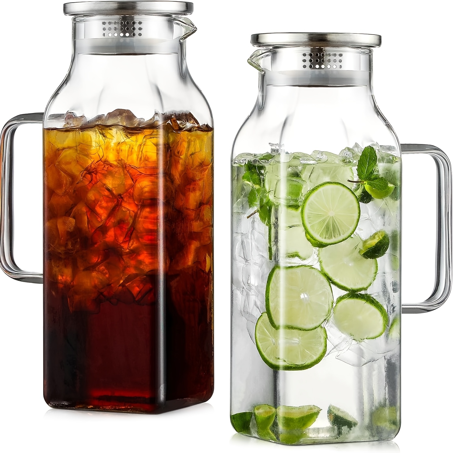 TEMU 2 Pack 68oz Square Glass Pitcher With Lid, Water Pitchers With Handle For Fridge, Large Jug For Iced Tea, Coffee, Borosilicate Glass Carafe For