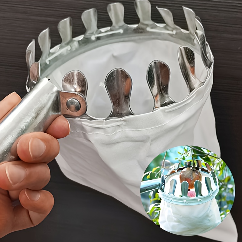 TEMU 1pc Metal Fruit Picker Tool With Lightweight Fabric Bag - Easy High- Harvesting For , Grapes, Peaches & More - Reduces Fall Hazards & Protects