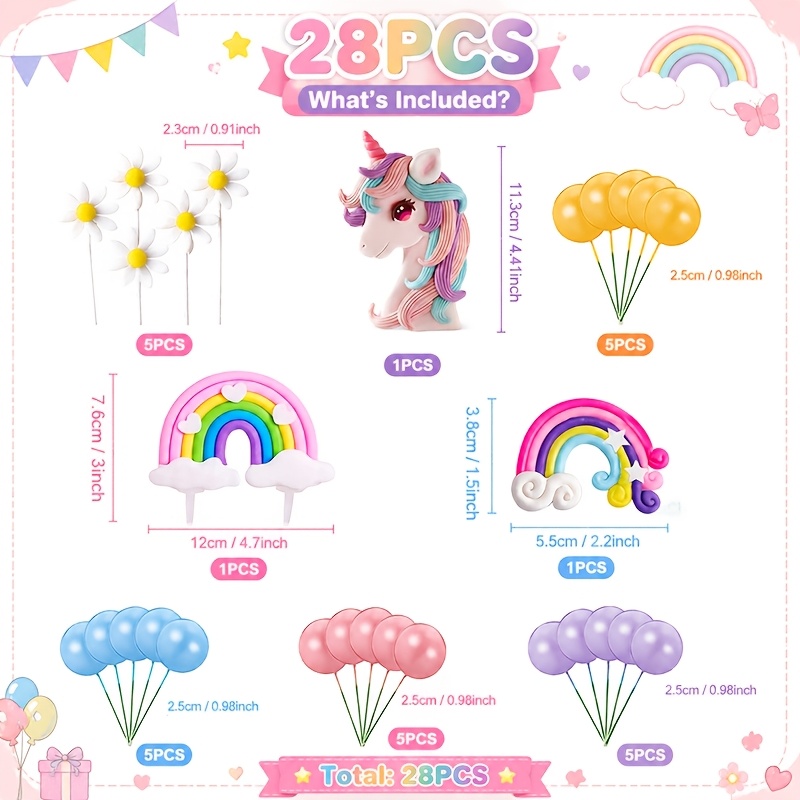 Image of 28pcs Rainbow Unicorn Cake Decorations, Horse-themed Birthday Party Decor, Rainbow Cake Toppers, Unicorn Party Gifts, Birthday Cake Additions, Halloween, Christmas
