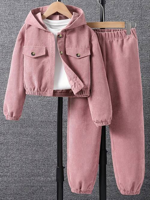 item picture girls fashion set solid color corduroy hooded top jogger pants 2 piece set casual and stylish outdoor comfortable outfit holiday gift outdoor back to school essentials