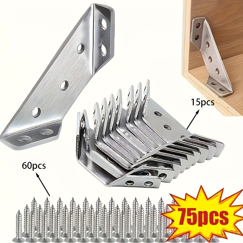 TEMU 75pcs Heavy-duty Metal Corner Brackets With Screws Set, 15pcs Corner 60pcs Screws, L-shaped Woodworking Brackets, Durable Rust-proof Furniture