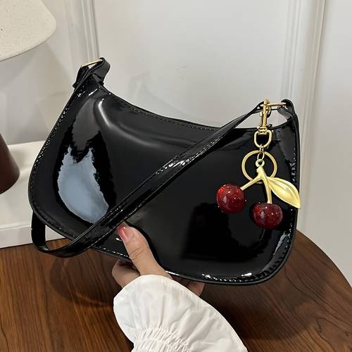 fashionable solid color single shoulder bag casual trendy versatile lightweight crossbody bag with cherry charm