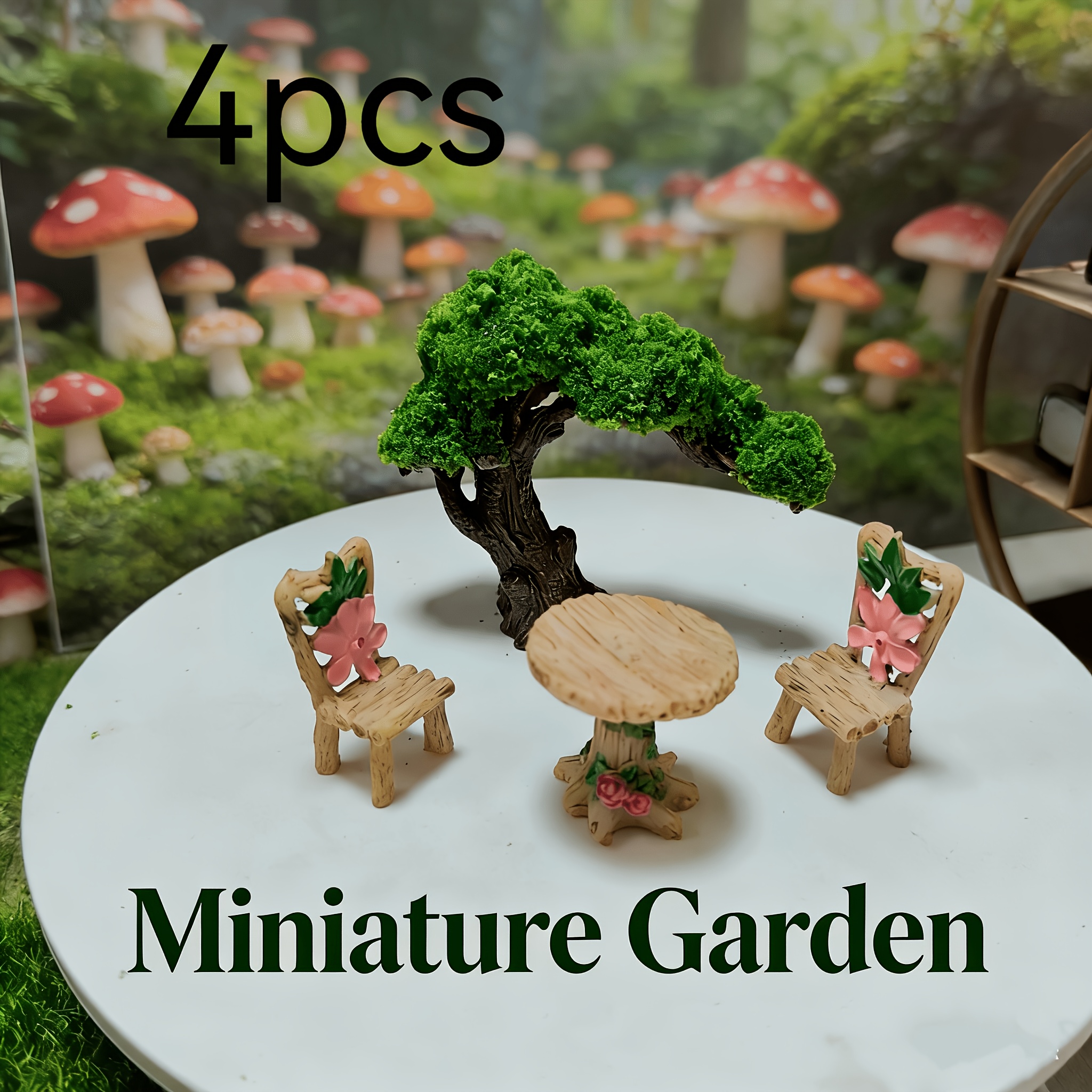 TEMU 4 piezas Micro Paisaje Mesa y Silla Árbol Ornamento Mini Simulación Patio Jardinería Decoración Adiciones, Adiciones Decoración Casa de Muñecas,