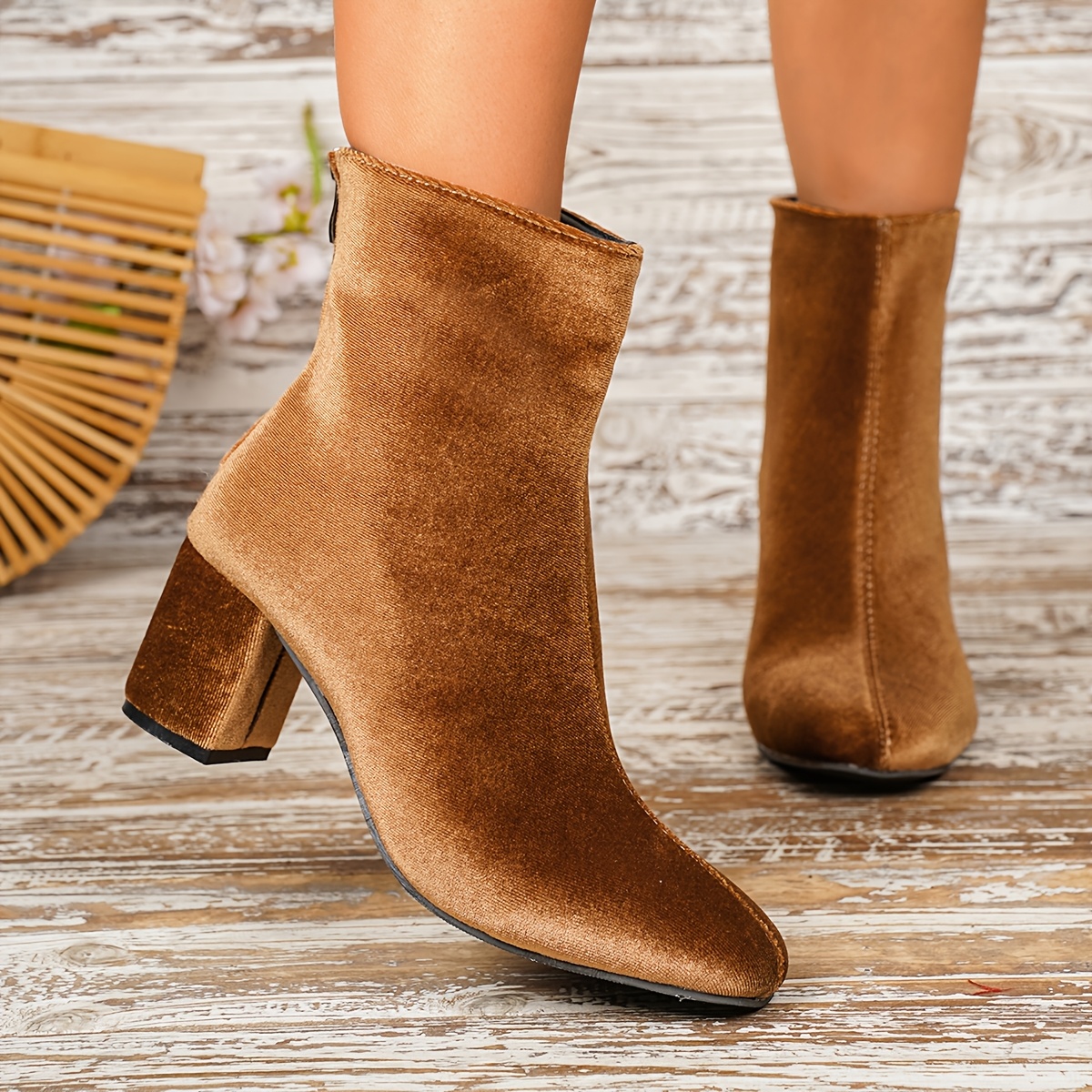TEMU Velvet Chunky Heel Stretch Ankle Boots Women's Round Toe Back Zipper Vintage Temperament Mid-calf Nude Boots Autumn Winter Evening Short Boots,