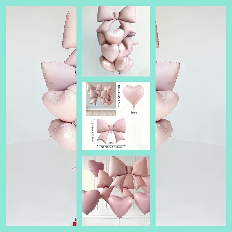 Image of 7pcs Pink Bow And Kids' Pink Heart Foil Balloon Set, 98x75cm Large , 18-inch Heart-shaped Balloon, Suitable For Wedding Decorations, Birthday Parties, Valentine's Day Celebrations, And Photo Backdrops