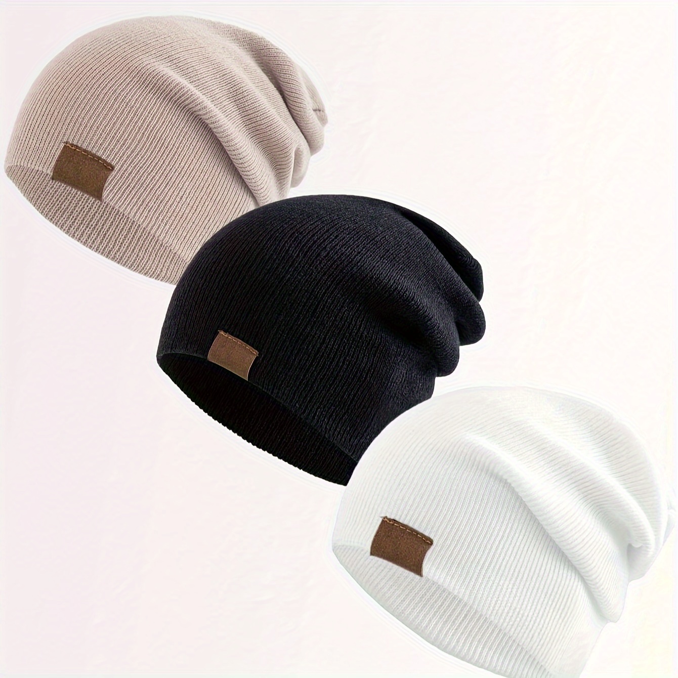 

3pcs Solid Color Knit Beanies - Stretchy, Warm & Lightweight For Outdoor Activities, Skiing, Cycling | Hand Washable