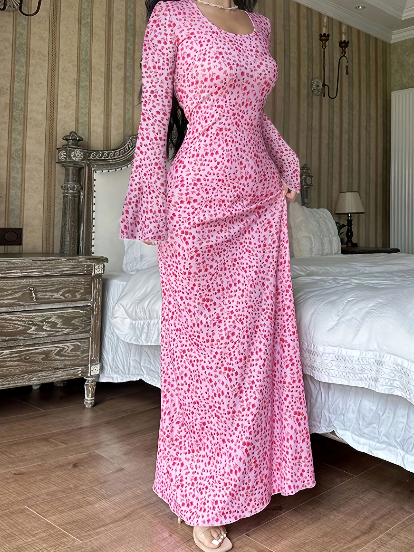 robe longue rose à imprimé floral détail froncé Temu Morocco
