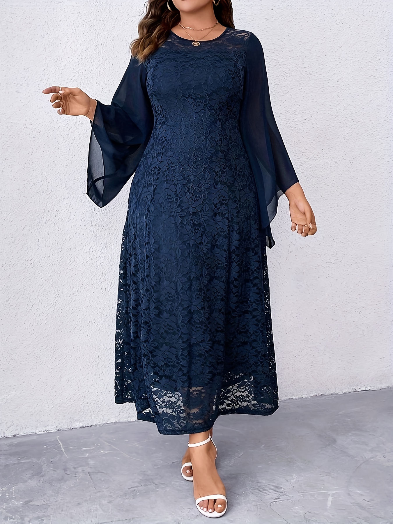 plus size plus size elegant navy blue lace a line maxi dress - Temu