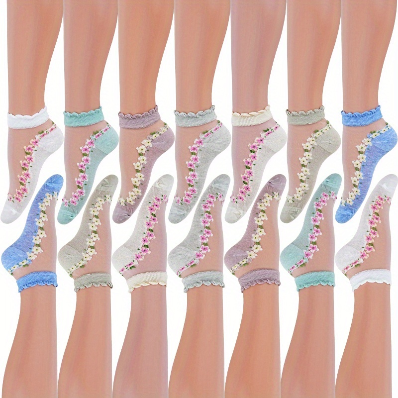 TEMU 14 Pairs Crystal Socks Summer Thin Socks Women' Boat Socks Sweet Cute Small Floral Lace Short Socks-purple, Green, Blue, White, Apricot,