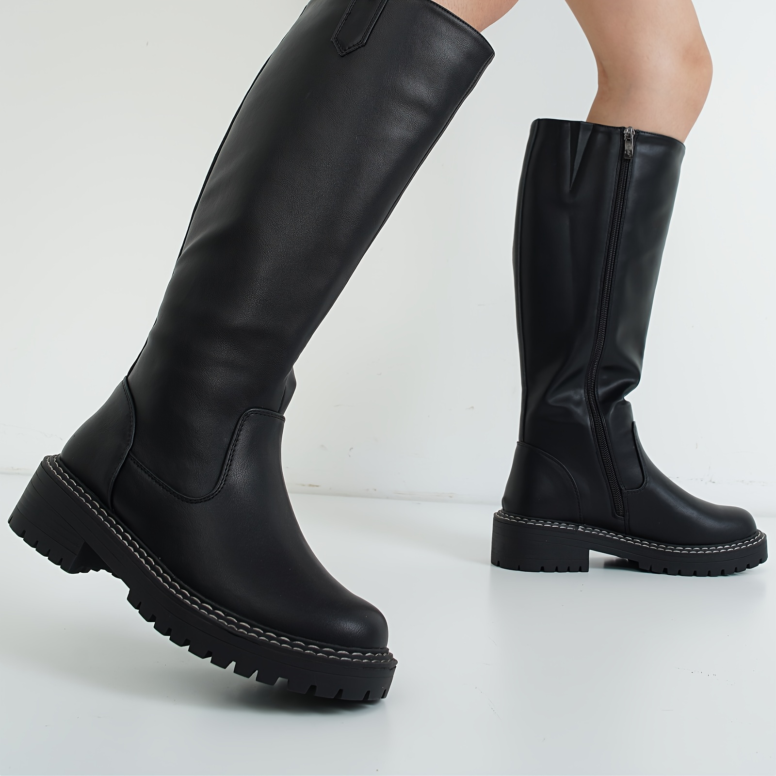 womens chunky low heel knee high boots side zipper vegan - Temu