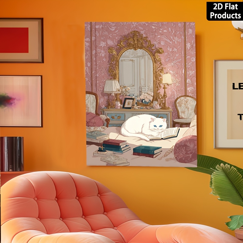 Canvas Painting Wall Decor Featuring a White Cat Reading a Book