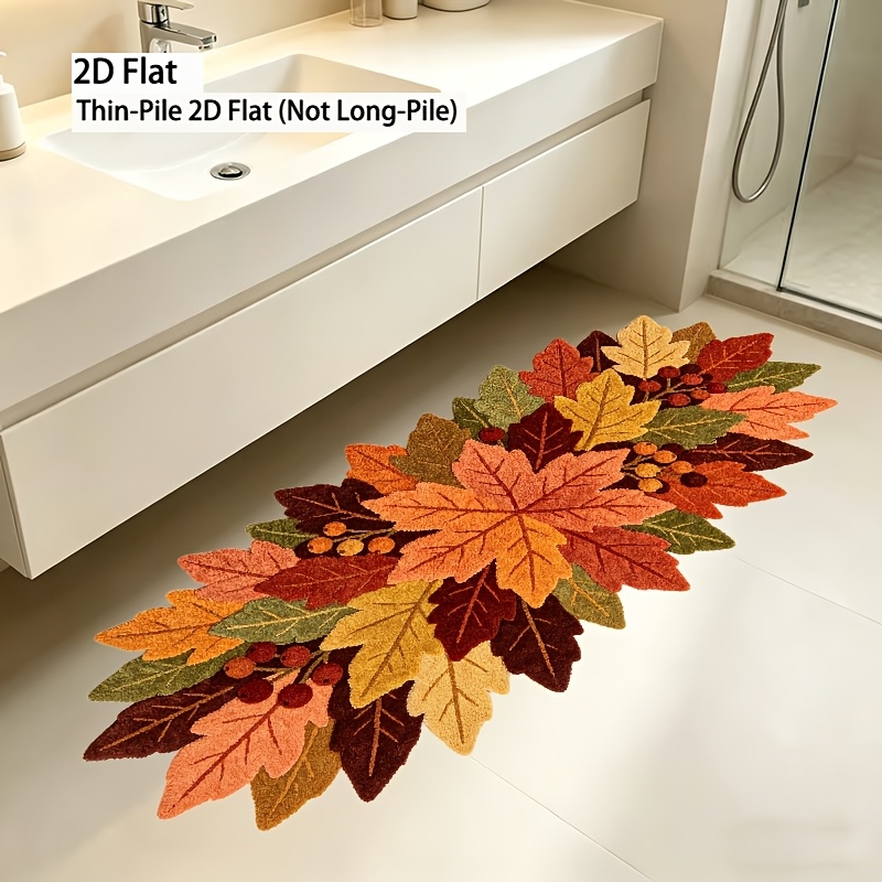 TEMU 2d Flat, Autumn Country Style Irregular Shape Autumn Maple Leaf And Berry Pattern Runner Mat, Thin Plush 2d Printed Non-pile, Machine Washable,