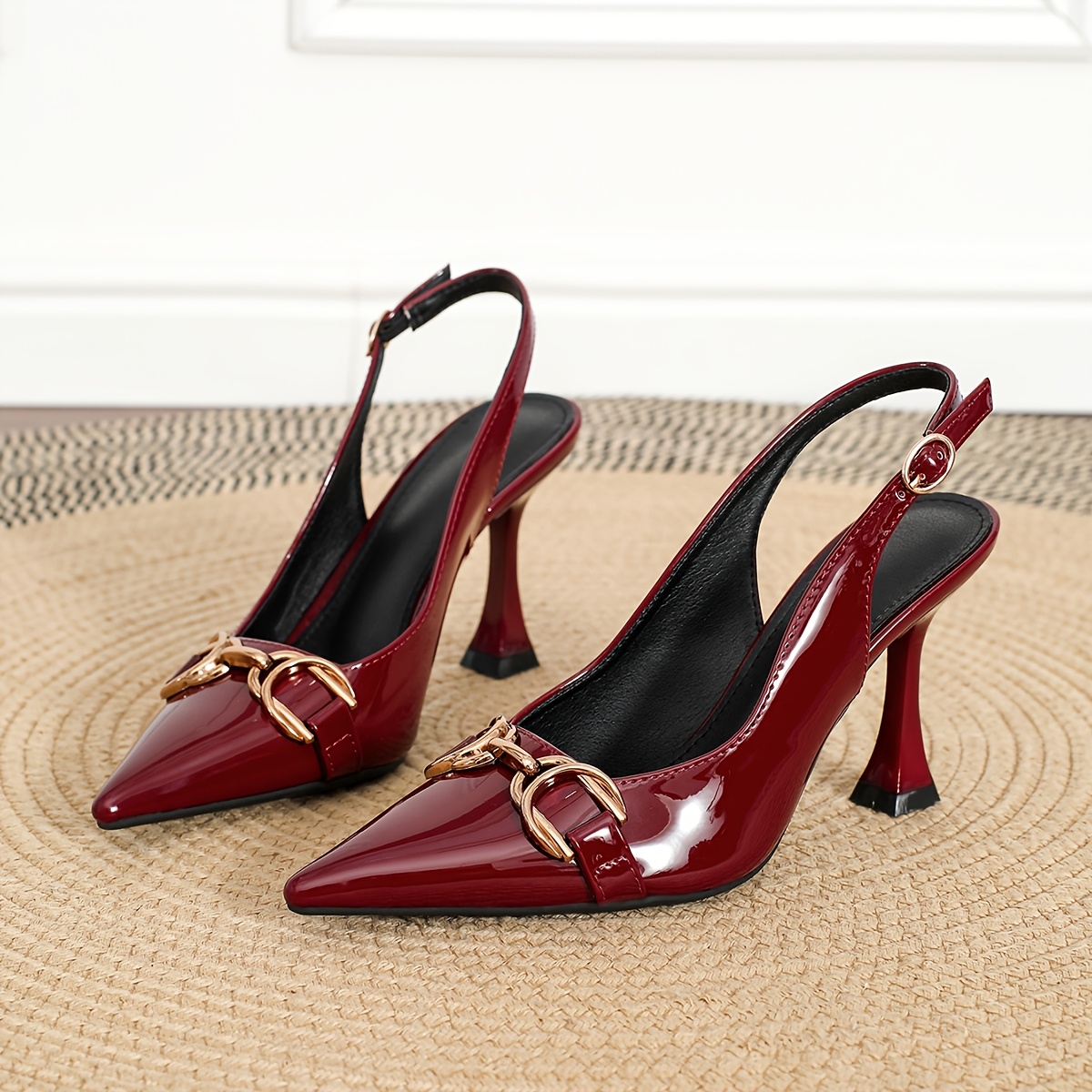 1 Pair Elegant Solid Color Pointed Toe Stiletto Pumps, Metal Buckle Accent, All-Season Slip-On High Heels for Weddings, Parties, and Work - TPU Sole, Man-Made Materials