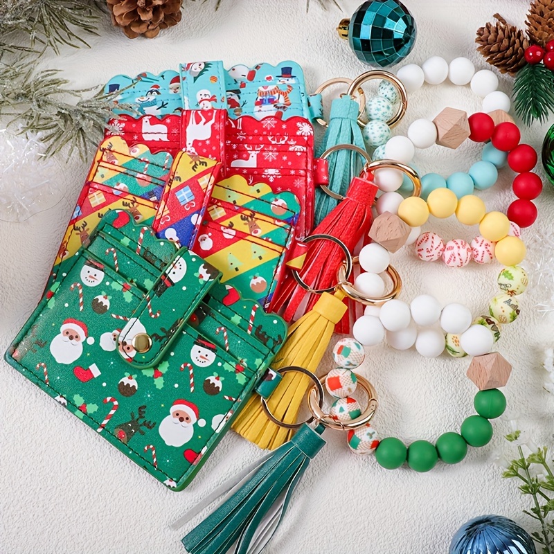 

Christmas Silicone Beaded Bracelet Wristlet Keychain With Wallet Card Holder Cute Bangle Key Chain Bag Charm Phone Lanyard Gift