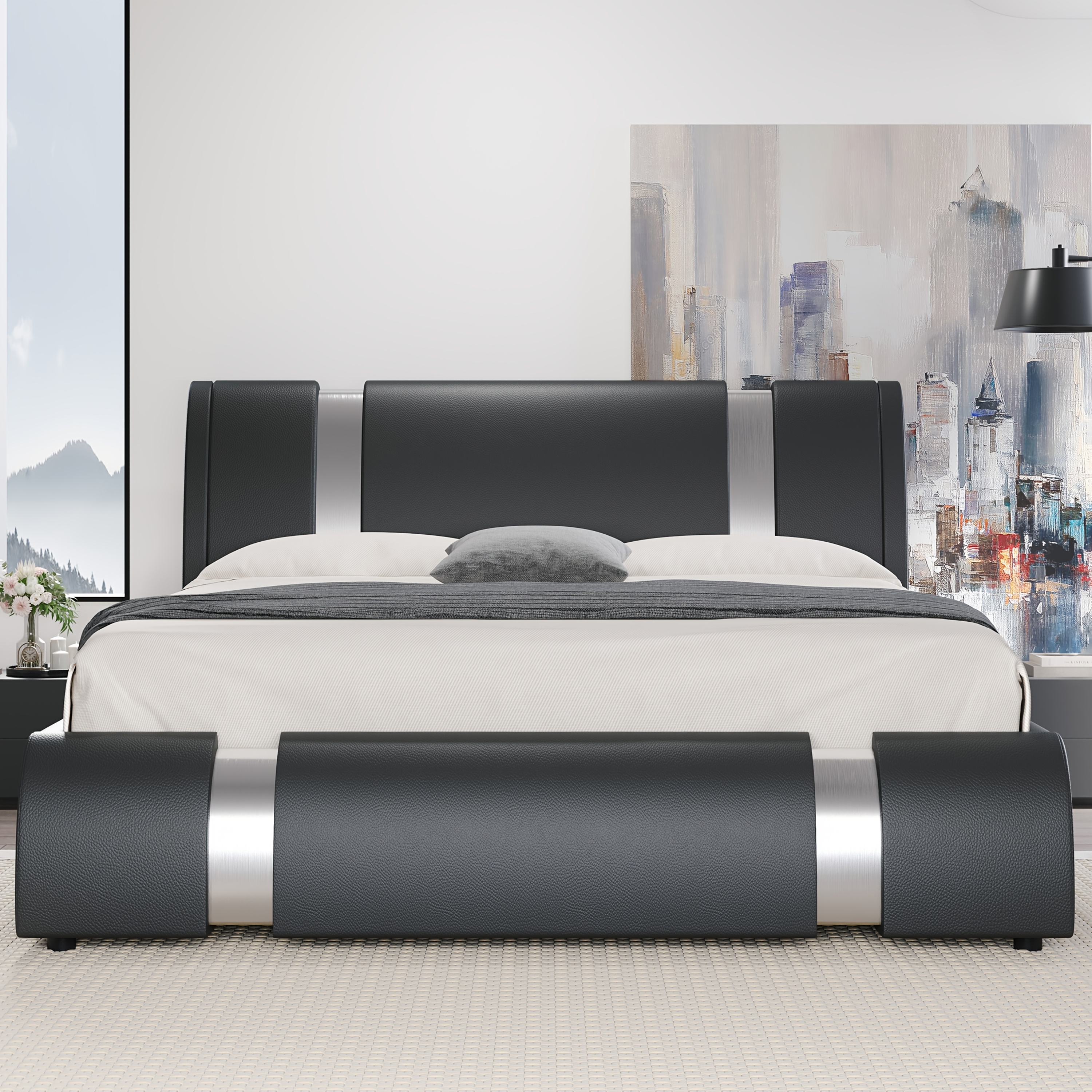 

Hoomic Modern Leather Bed Frame With Iron Pieces Decor, Low Profile Platform Bed With Height-adjustable Headboard, Solid Wood Slat Support, Spring Needed