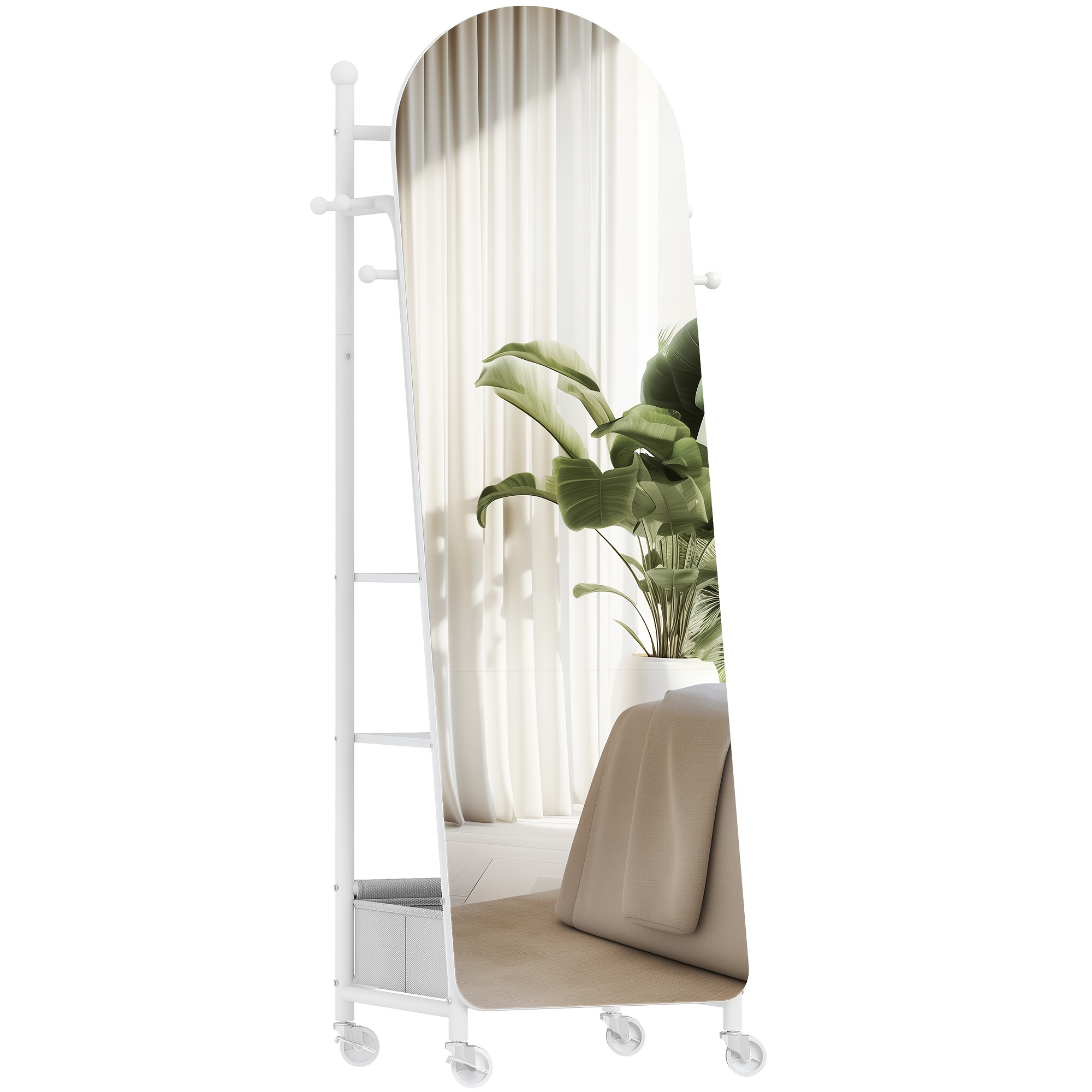 Full Length Mirror, Standing Mirror With Clothes Rack, 160 X 50 X , 360 Degree Swivel Wheels, Large Mirror With Storage Box And Hooks, For Bedroom And Living Room, White