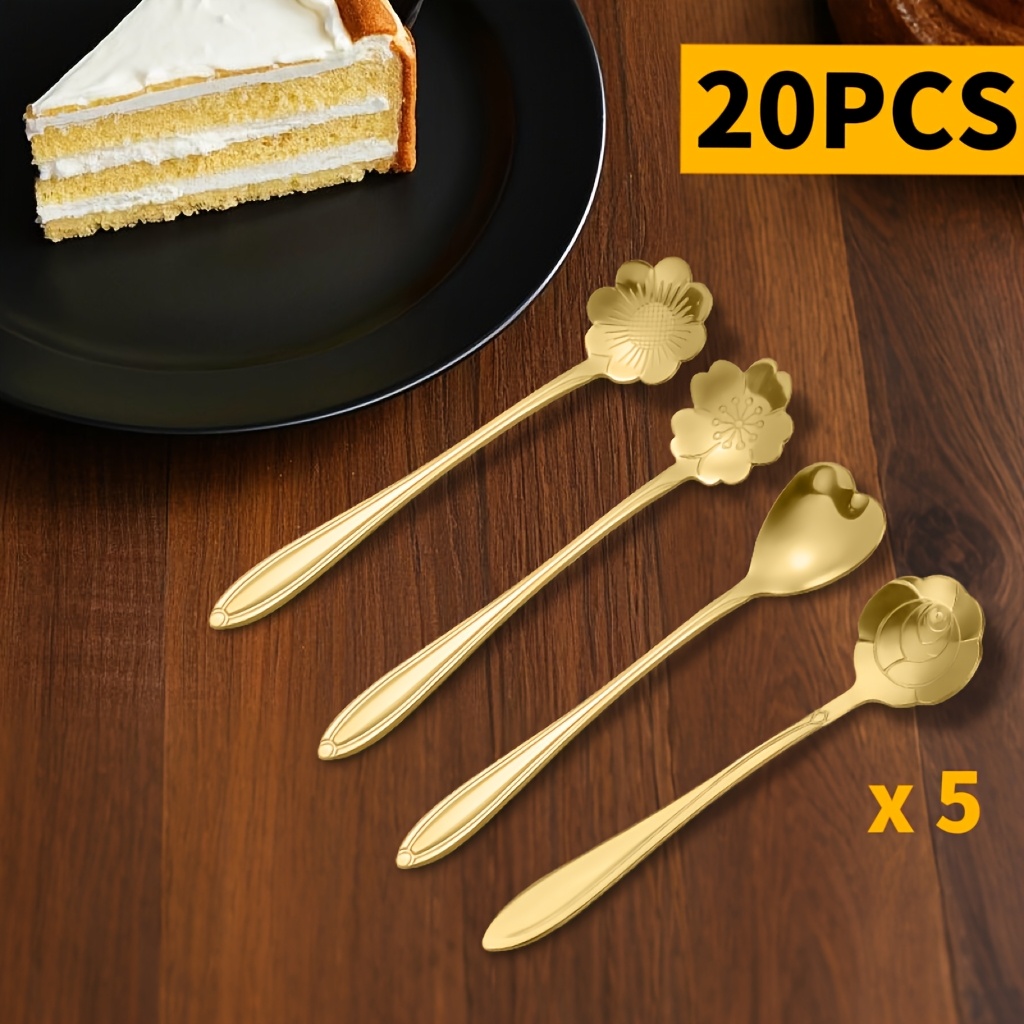 E-shop 20-teiliges Edelstahl Teelöffel-Set, Blumenmuster Teelöffelsatz, kleine Kaffeelöffel, niedliche goldene Löffel – ideal für Desserts, Tee &