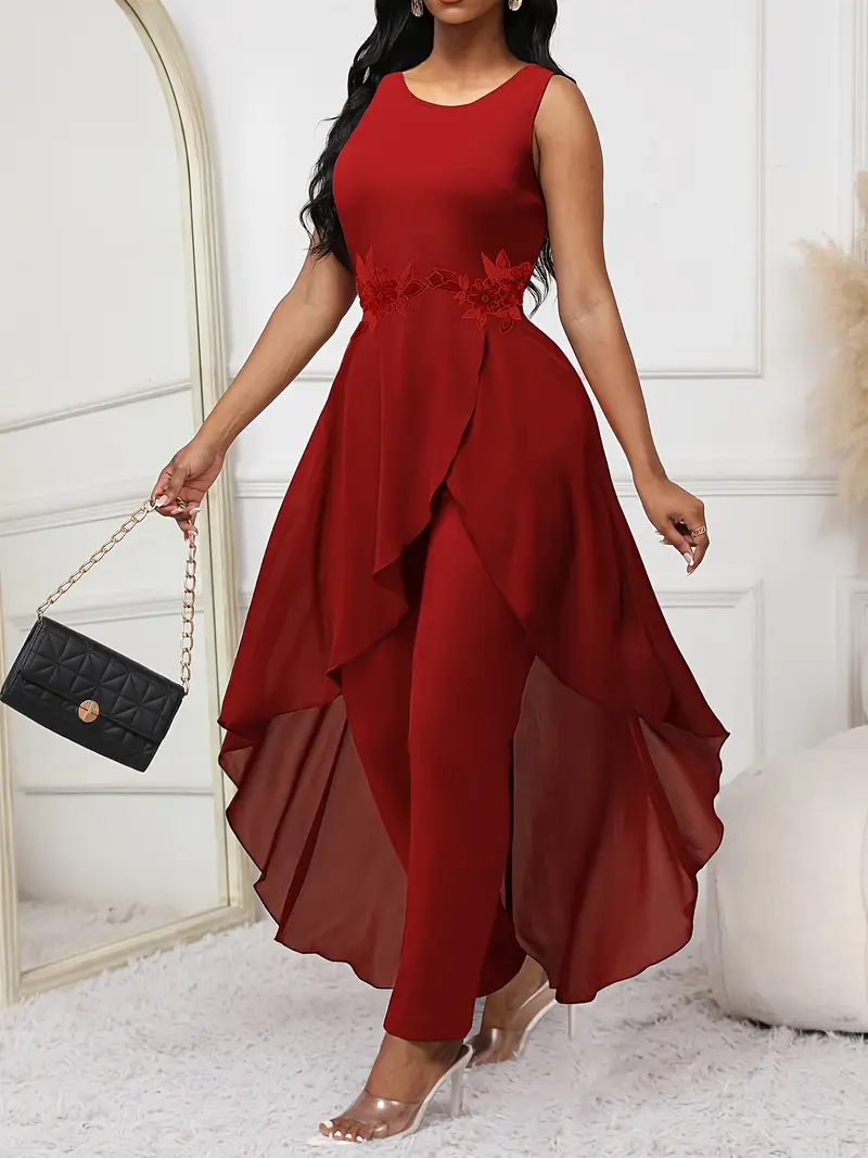 Women'S Elegant Solid Color * Fit Jumpsuit with Lace Trim, High-Waisted Wide-Leg Pants & Flowing Skirt - Chic Two-Piece Design for Parties * Women'S Elegant Solid Color * Fit Jumpsuit with Lace Trim, High-Waisted Wide-Leg Pants & Flowing Skirt - Chic Two-Piece Design for Parties *