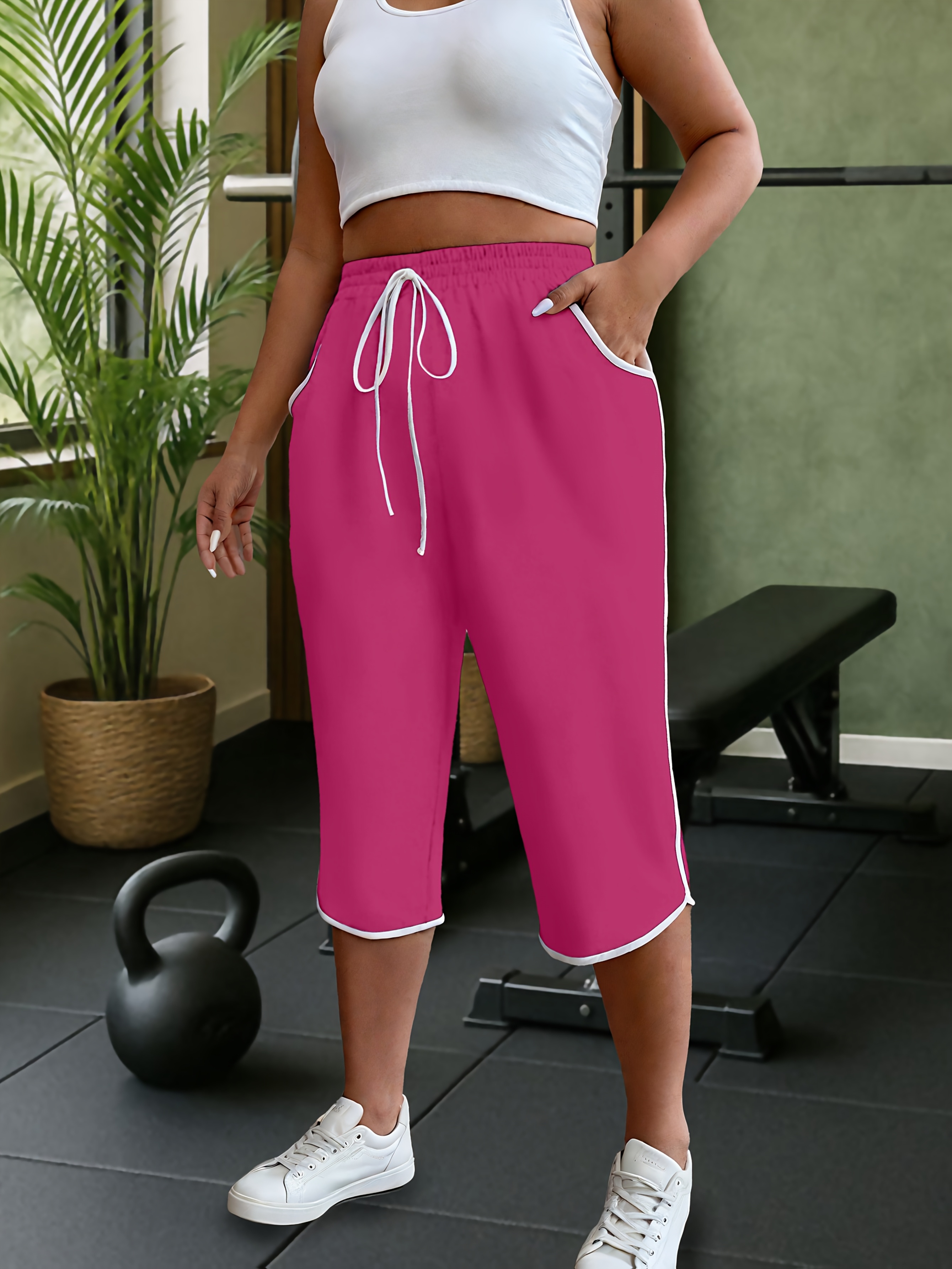 women's pink high waisted yoga shorts drawstring waist Temu