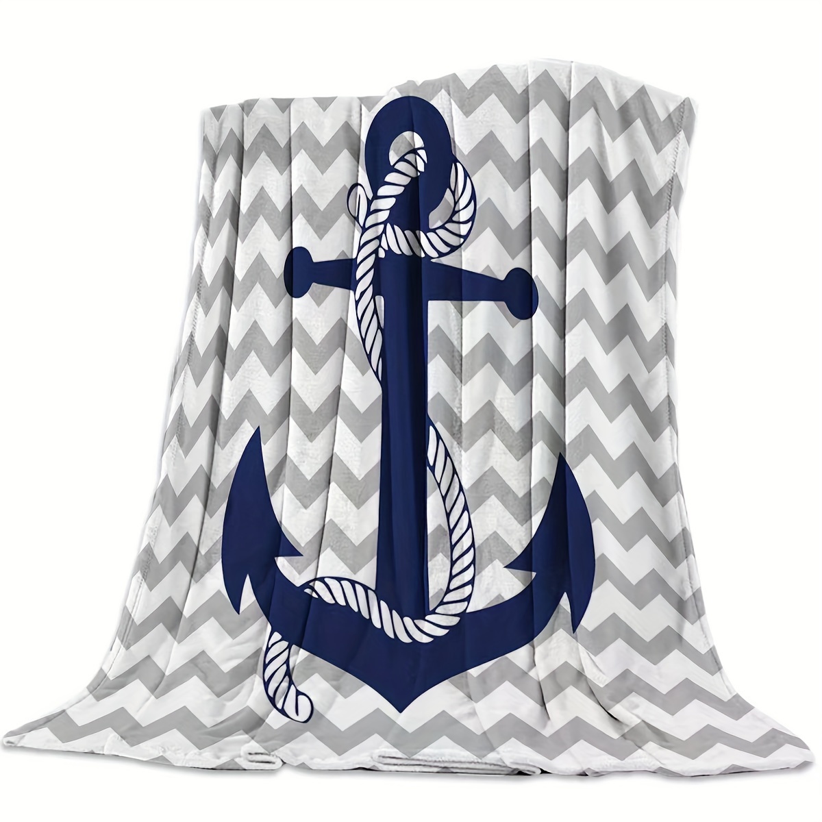 

Ultra-soft Flannel Throw Blanket - Nautical Navy Blue Anchor With Gray & White, Cozy Plush For Sofa/bed, Stain-resistant, All-season Comfort Flannel Blanket Comforter Blanket