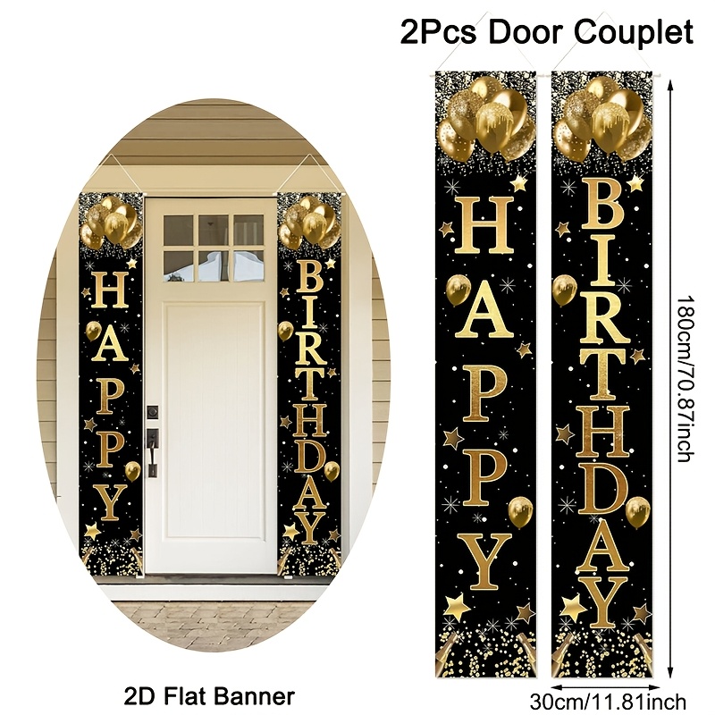 TEMU 2d Flat - 2d Door Banner 2d Flat - 2d Door Banner 2d Flat Banner, 1 Pair Black Golden Happy Birthday Door Banners, 30x180cm Polyester Door